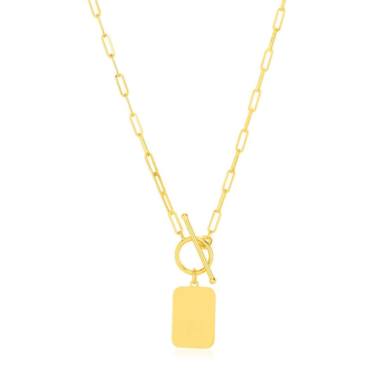 14k Yellow Gold Paperclip Chain Necklace with Rounded Rectangle Pendant | Richard Cannon