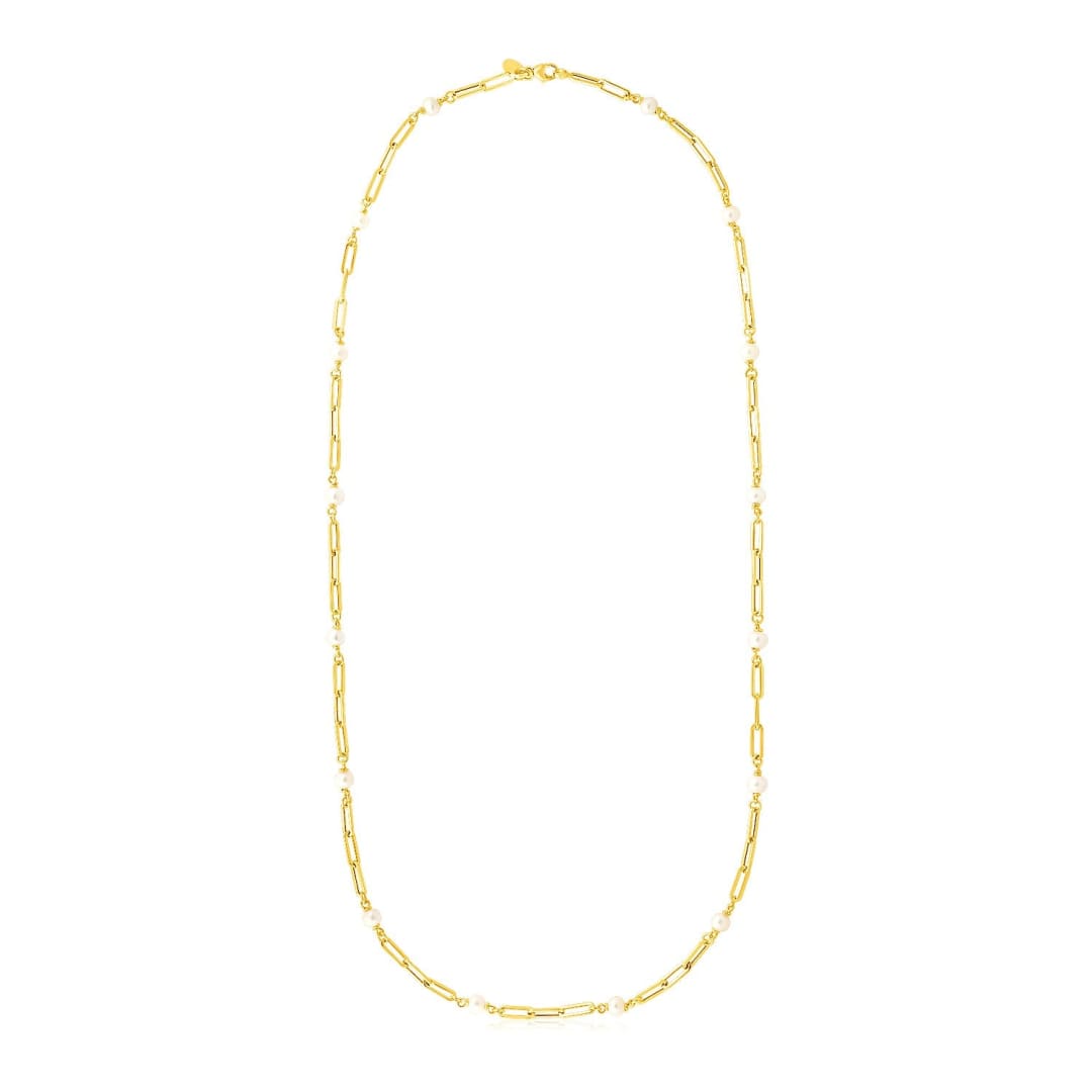 14k Yellow Gold Paperclip Chain and Pearl Necklace | Richard Cannon Jewelry