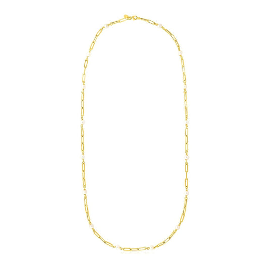 14k Yellow Gold Paperclip Chain and Pearl Necklace | Richard Cannon Jewelry