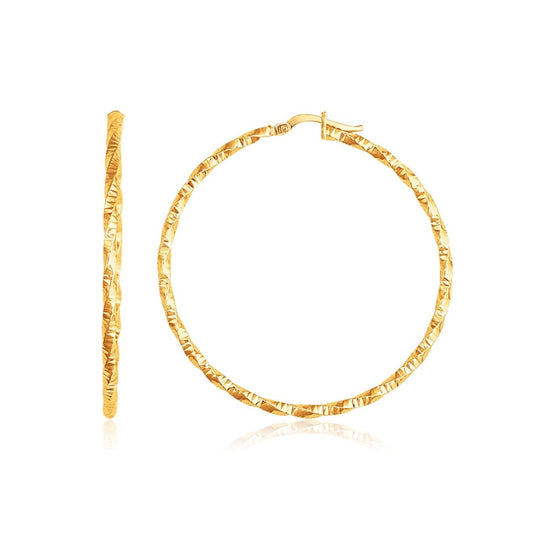 14k Yellow Gold Patterned Hoop Earrings with Twist Design(2x45mm) | Richard Cannon Jewelry