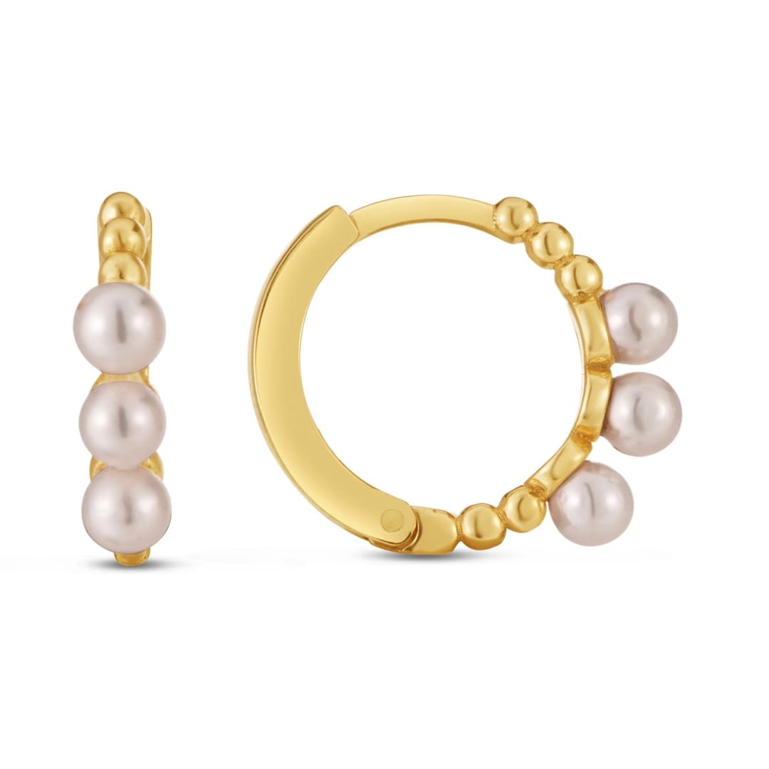 14k Yellow Gold Pearl Huggie Earrings | Richard Cannon Jewelry