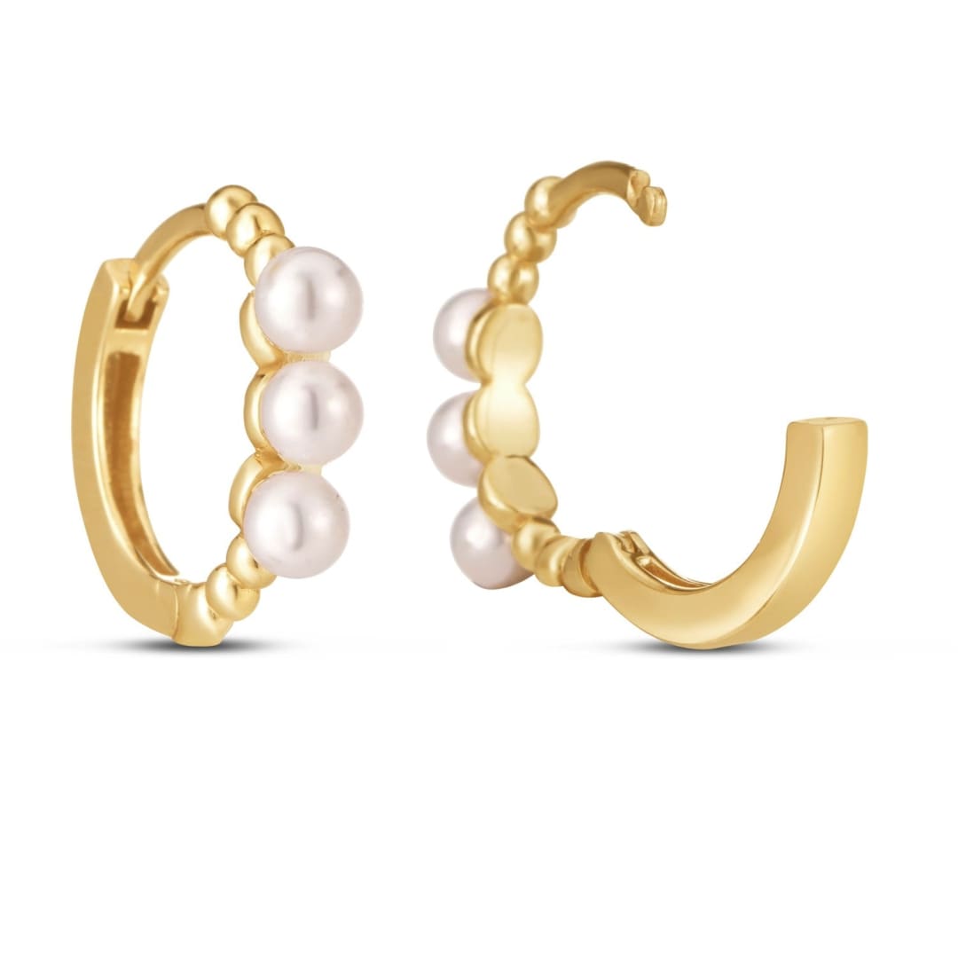 14k Yellow Gold Pearl Huggie Earrings | Richard Cannon Jewelry