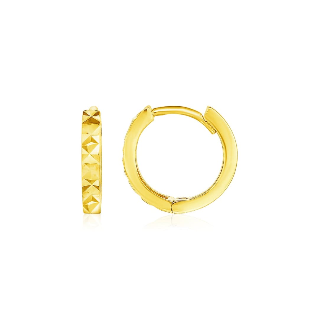 14k Yellow Gold Petite Round Hoop Earrings with Geometric Texture | Richard Cannon Jewelry