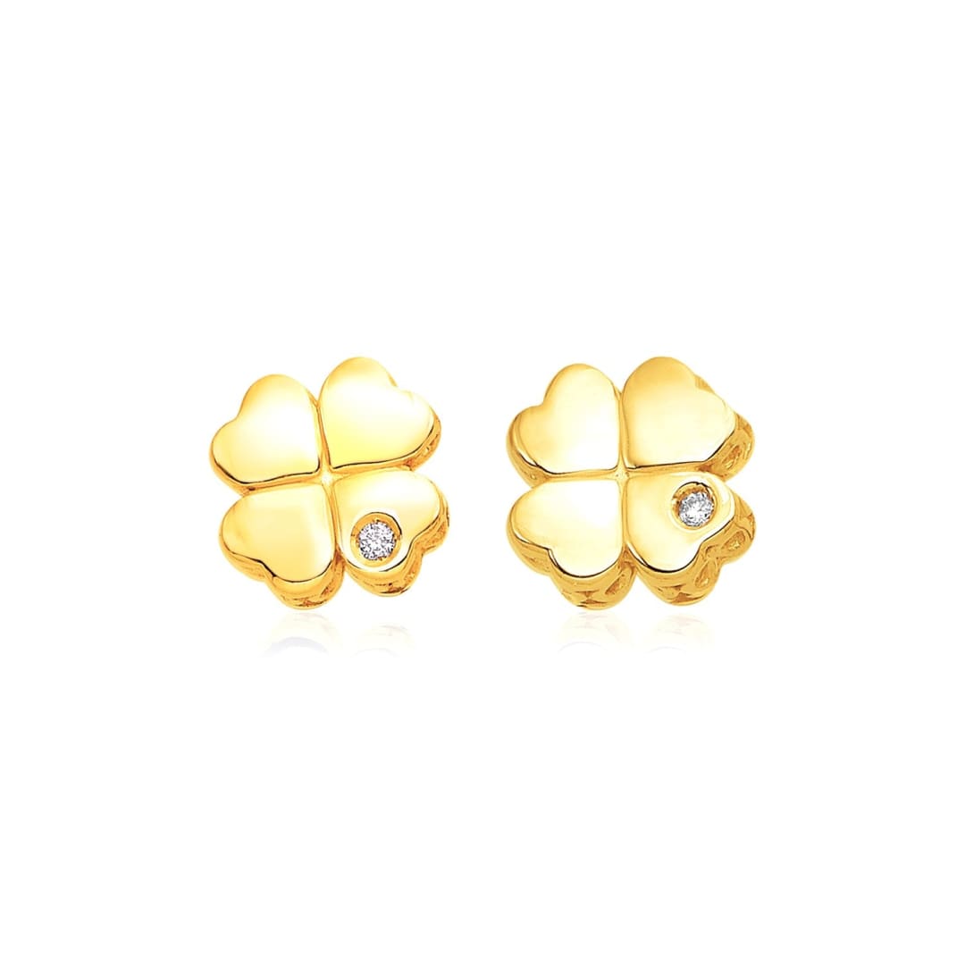 14k Yellow Gold Polished Four Leaf Clover Earrings with Diamonds | Richard Cannon Jewelry