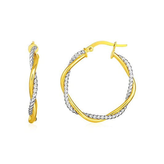 14k Yellow and White Gold Two Part Textured Twisted Round Hoop Earrings(3x23mm) | Richard