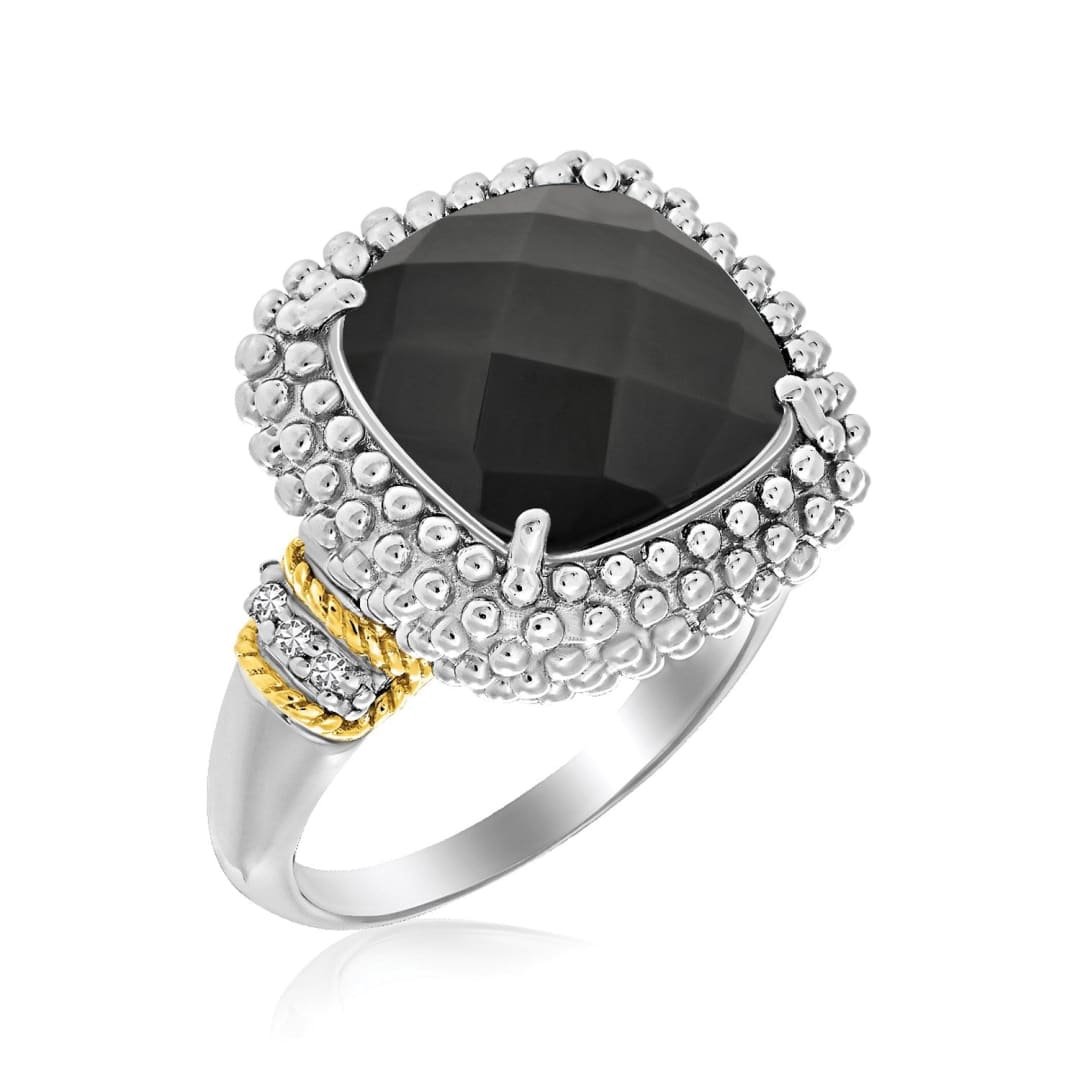 18k Yellow Gold & Sterling Silver Black Onyx and Diamond Popcorn Cushion Ring | Richard