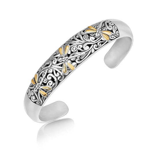 18k Yellow Gold and Sterling Silver Cuff with Dragonfly and Flourishes | Richard Cannon