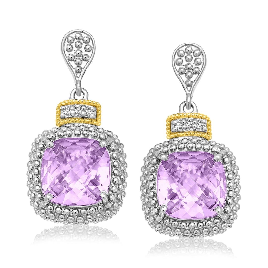 18k Yellow Gold & Sterling Silver Cushion Amethyst & Diamond Earrings (.05cttw) | Richard