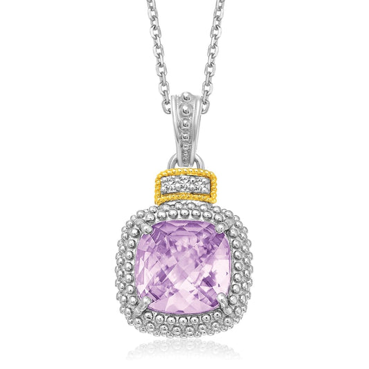 18k Yellow Gold & Sterling Silver Cushion Amethyst and Diamond Pendant | Richard Cannon