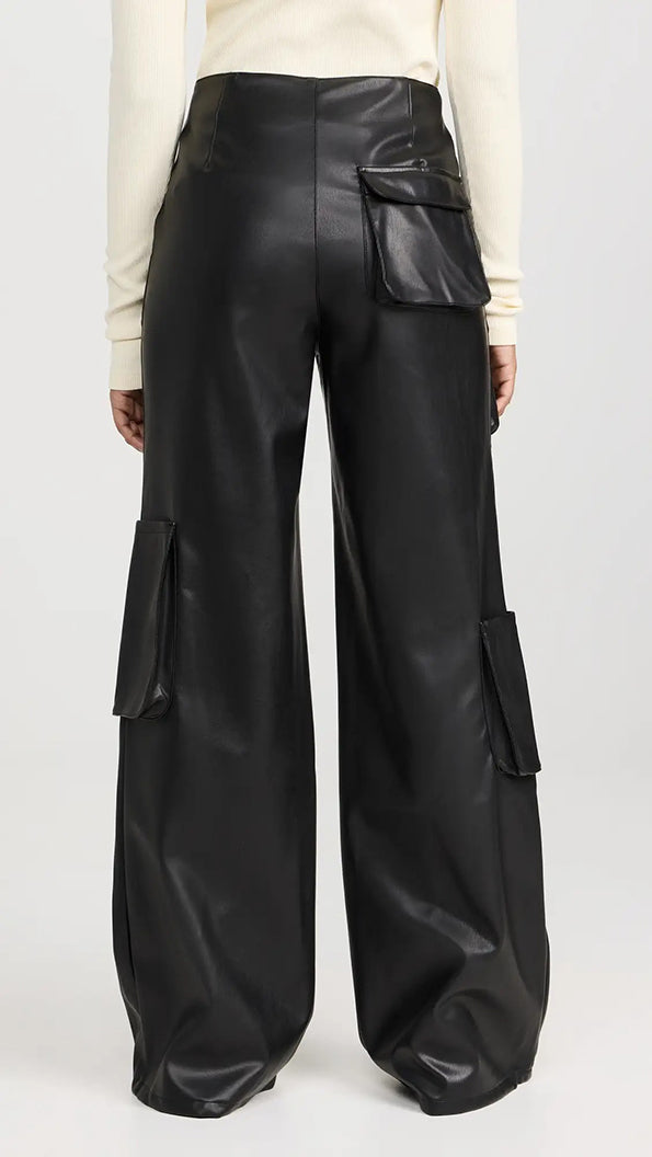 Layla Women's Real Leather Wide Leg Pants Black-3