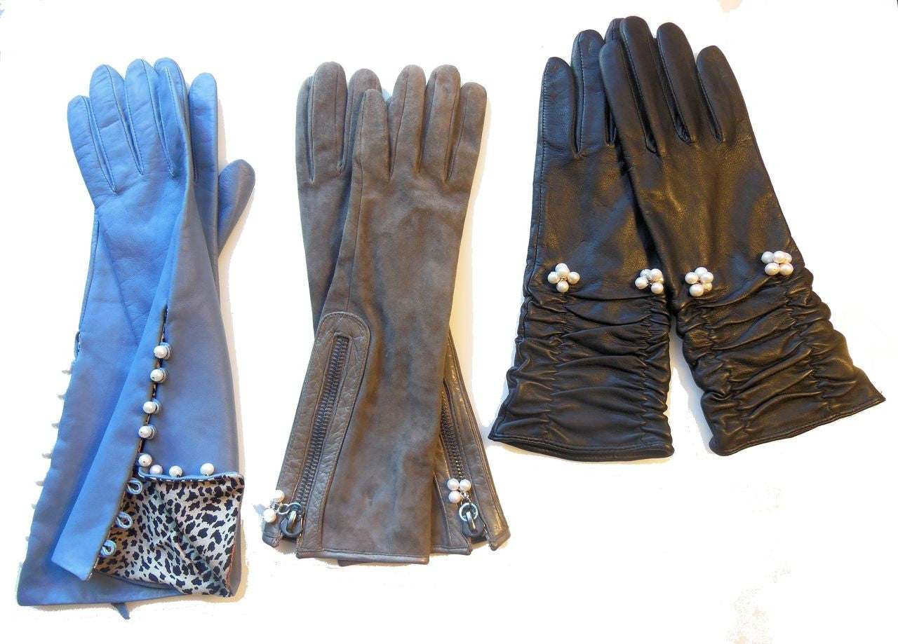 Handmade Scrunchie  Leather Gloves with Genuine Pearl Adornment.-2