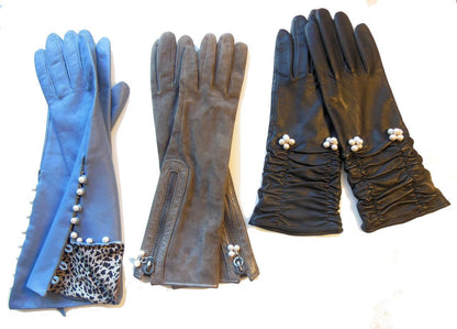 Handmade Scrunchie  Leather Gloves with Genuine Pearl Adornment.-2