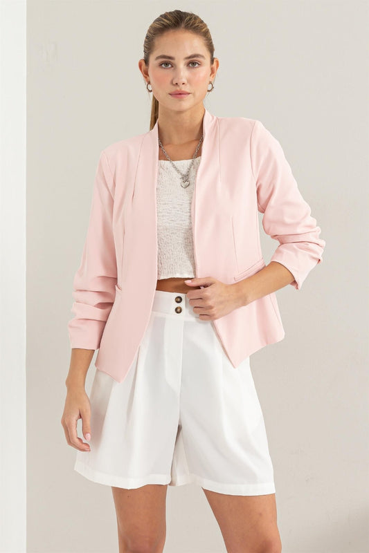 HYFVE Open Front Ruched Sleeve Blazer-0