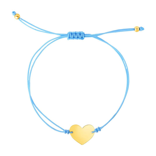 9 1/4 inch Blue Cord Adjustable Bracelet with 14k yellow Gold Heart | Richard Cannon