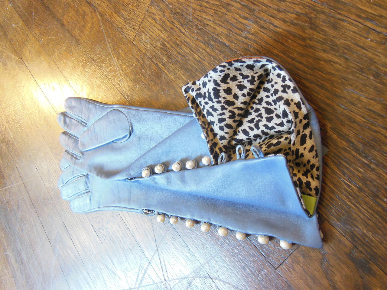 Blue Handmade Leather Gloves, Genuine Pearl Buttons, Love & Gratitude lining-4