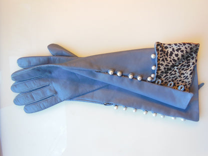Blue Handmade Leather Gloves, Genuine Pearl Buttons, Love & Gratitude lining-2