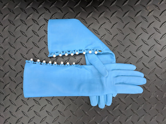 Blue Handmade Leather Gloves, Genuine Pearl Buttons, Love & Gratitude lining-0