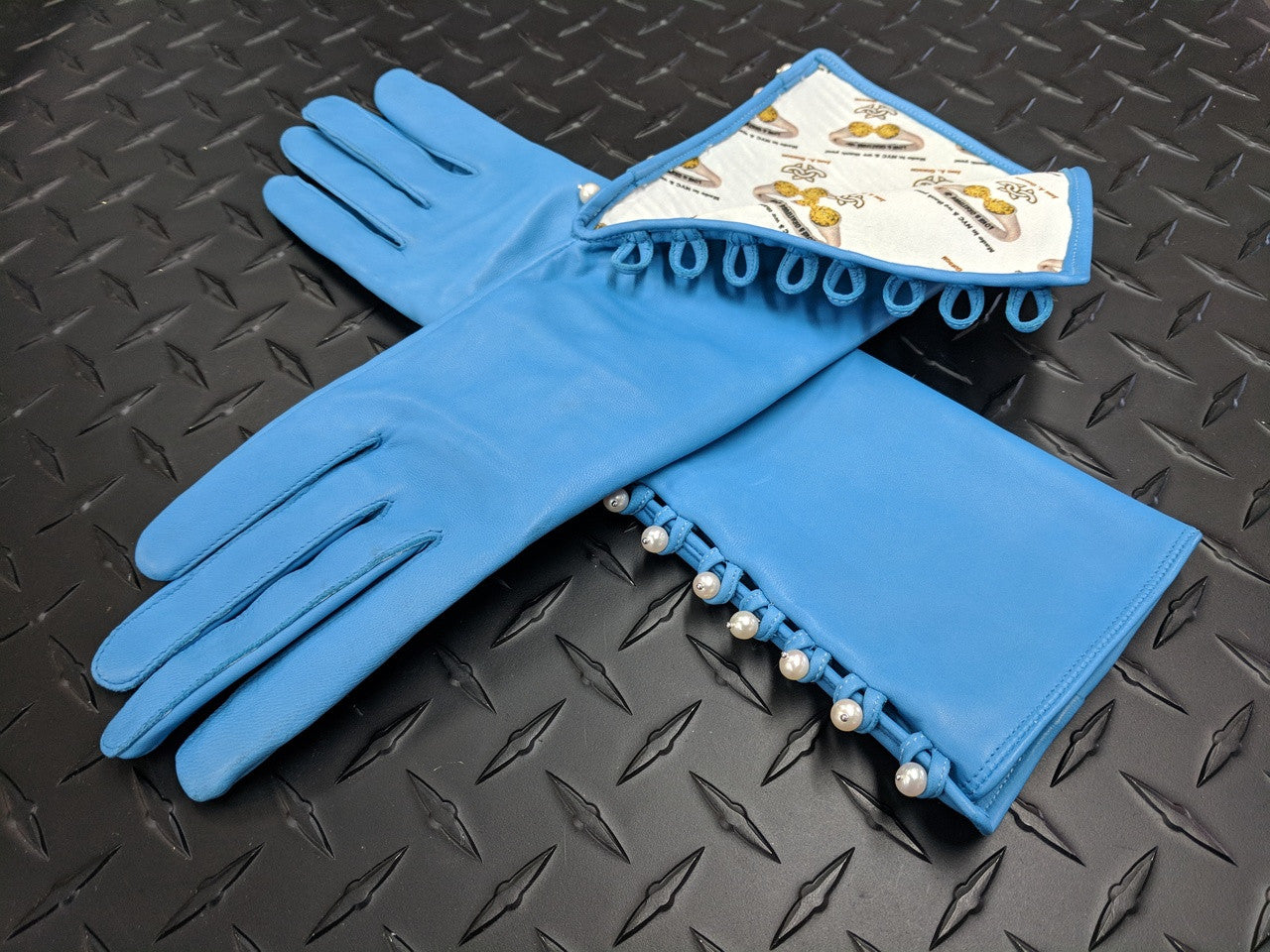 Blue Handmade Leather Gloves, Genuine Pearl Buttons, Love & Gratitude lining-9