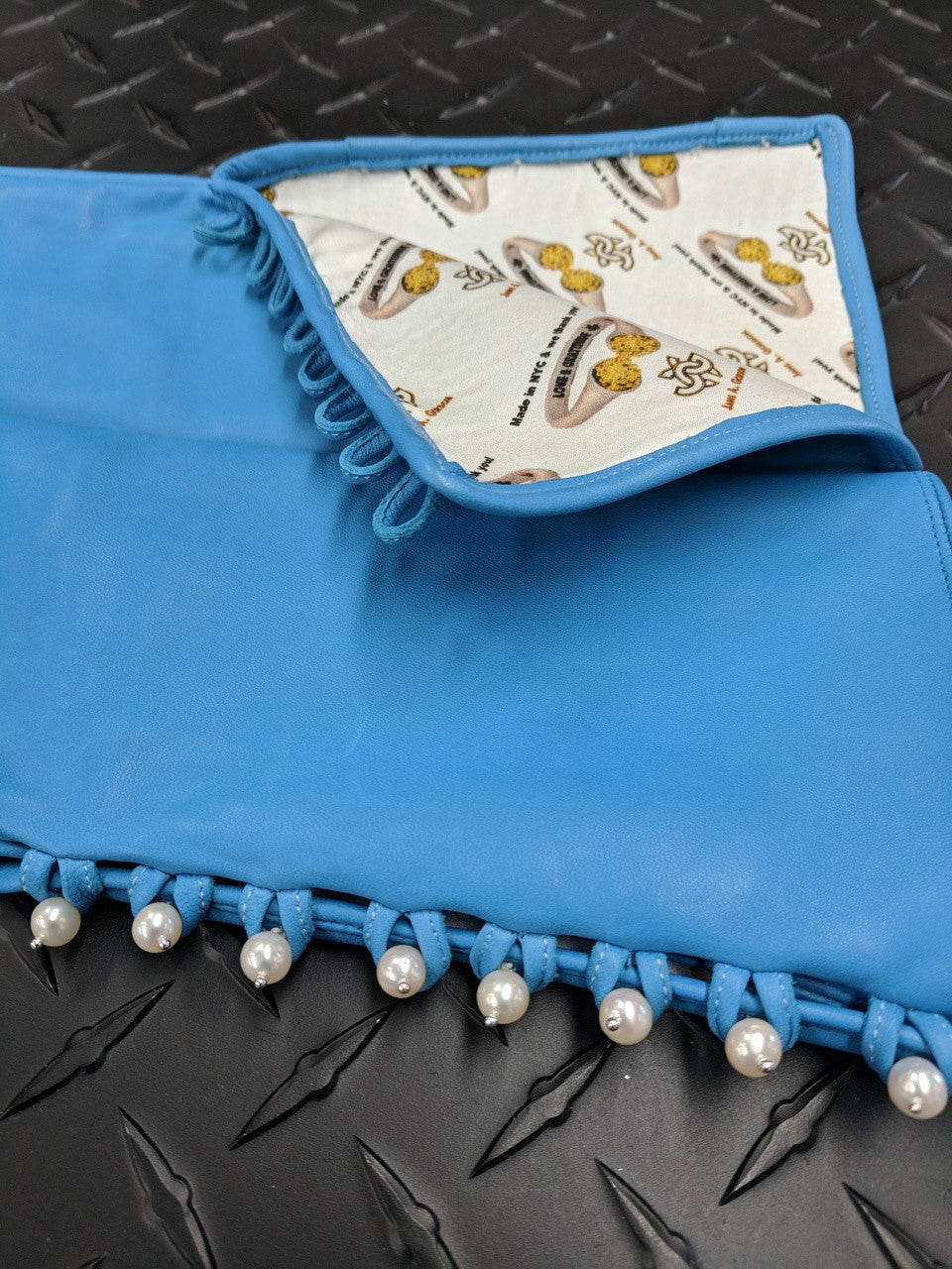 Blue Handmade Leather Gloves, Genuine Pearl Buttons, Love & Gratitude lining-7