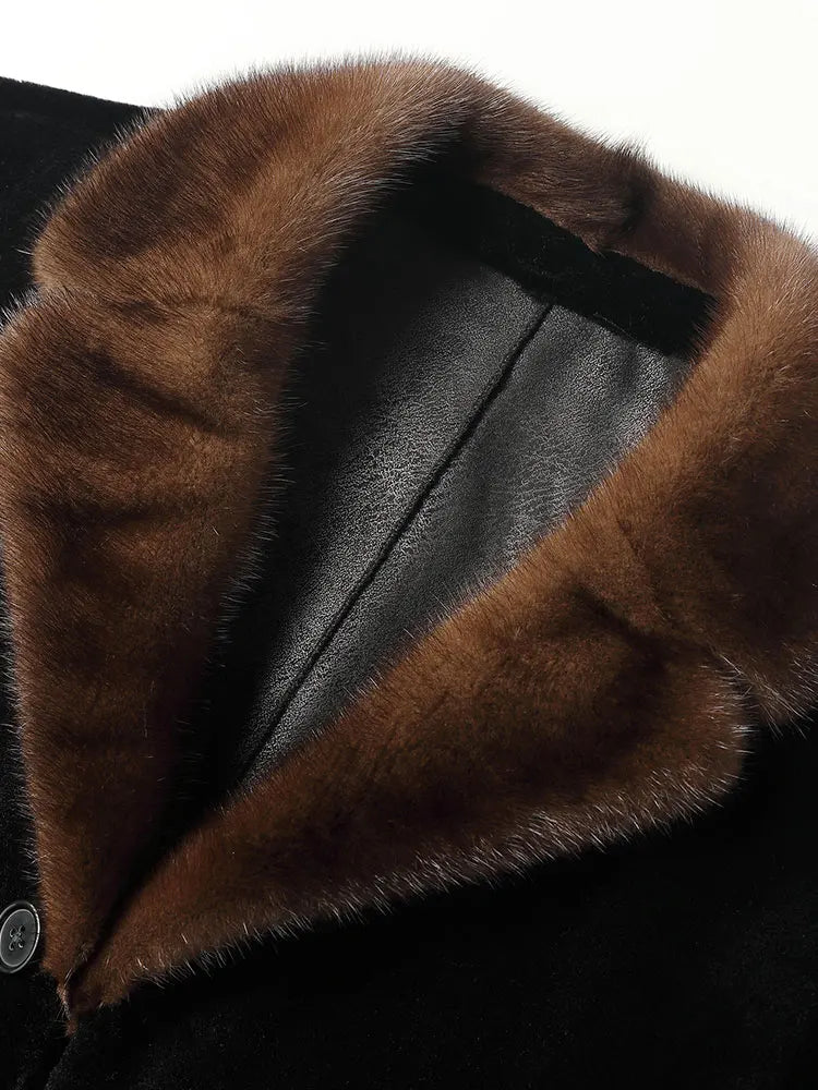 Luxurious 100% Wool Men's Winter Coat with Mink Fur Collar