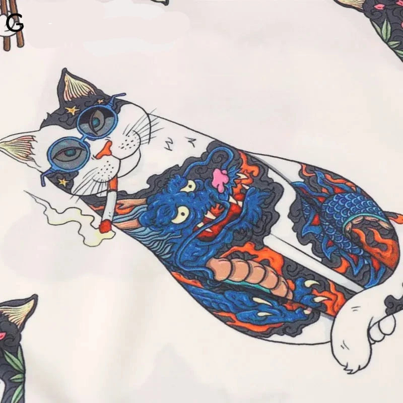 Japanese Tattoo Cat Print Hawaiian Shirt