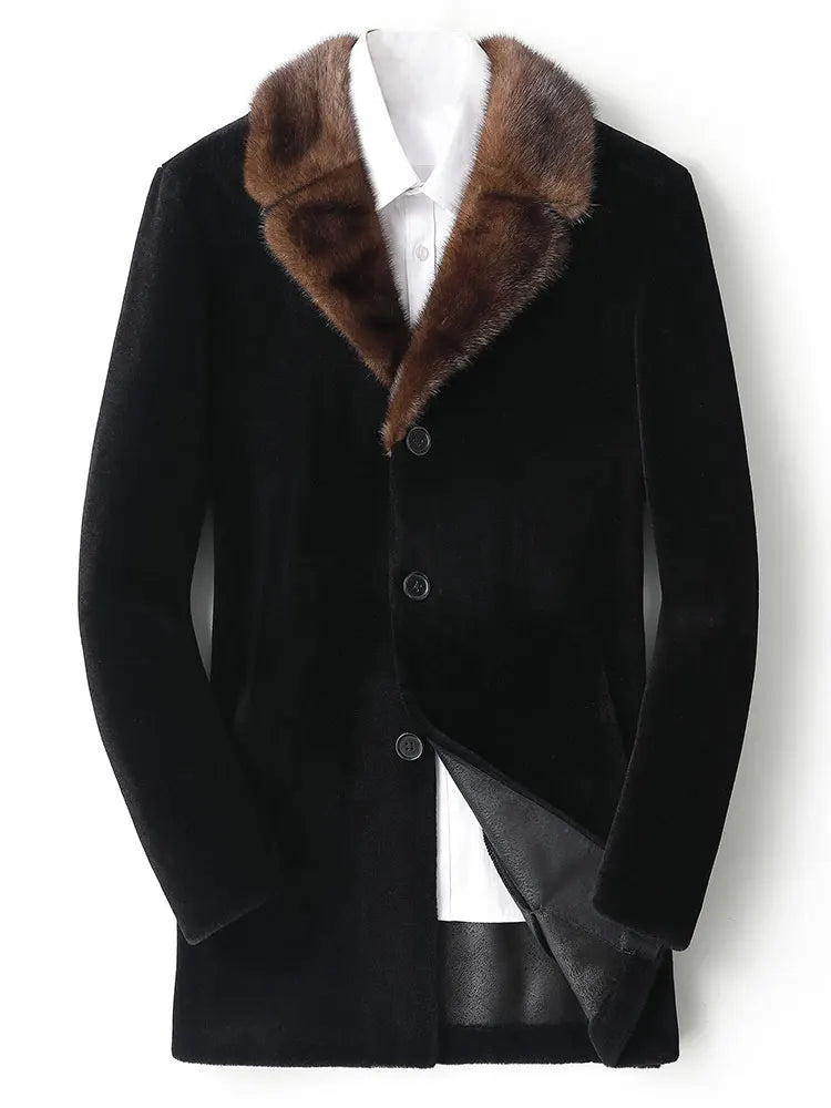 Luxurious 100% Wool Men's Winter Coat with Mink Fur Collar