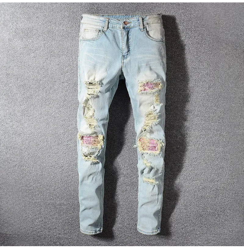 Ripped Paisley Printed Light Blue Biker Jeans