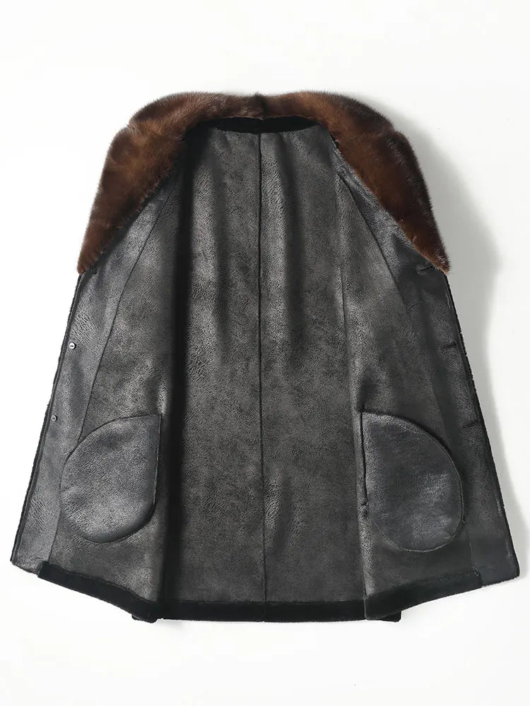 Luxurious 100% Wool Men's Winter Coat with Mink Fur Collar