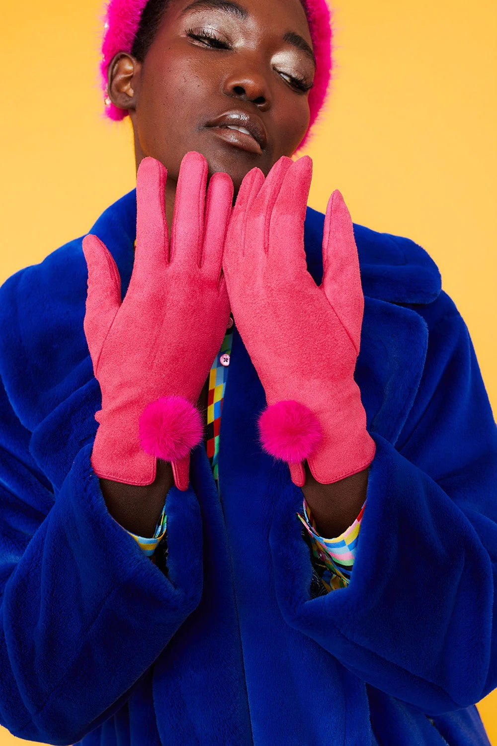 Pink Faux Suede Gloves With Faux Fur Pom-1