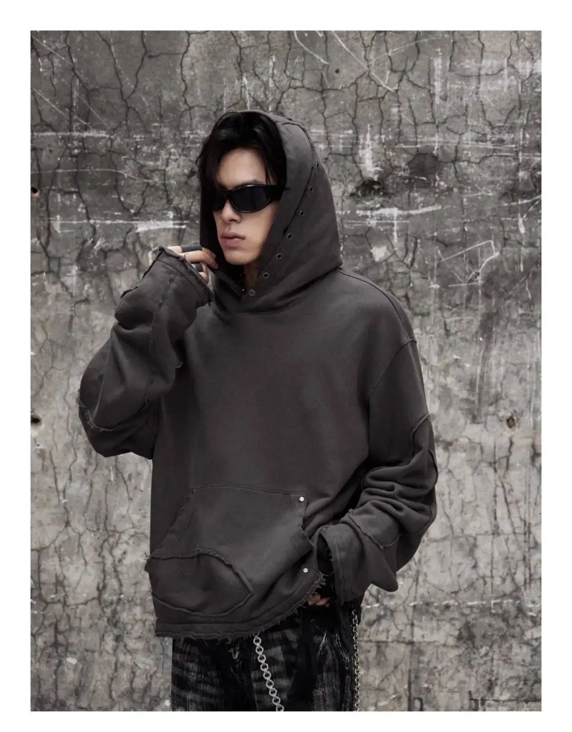 Men Hoodies Jacket Washed Double Hat Deconstructed Loose Hooded Sweatshirt Coat Profile