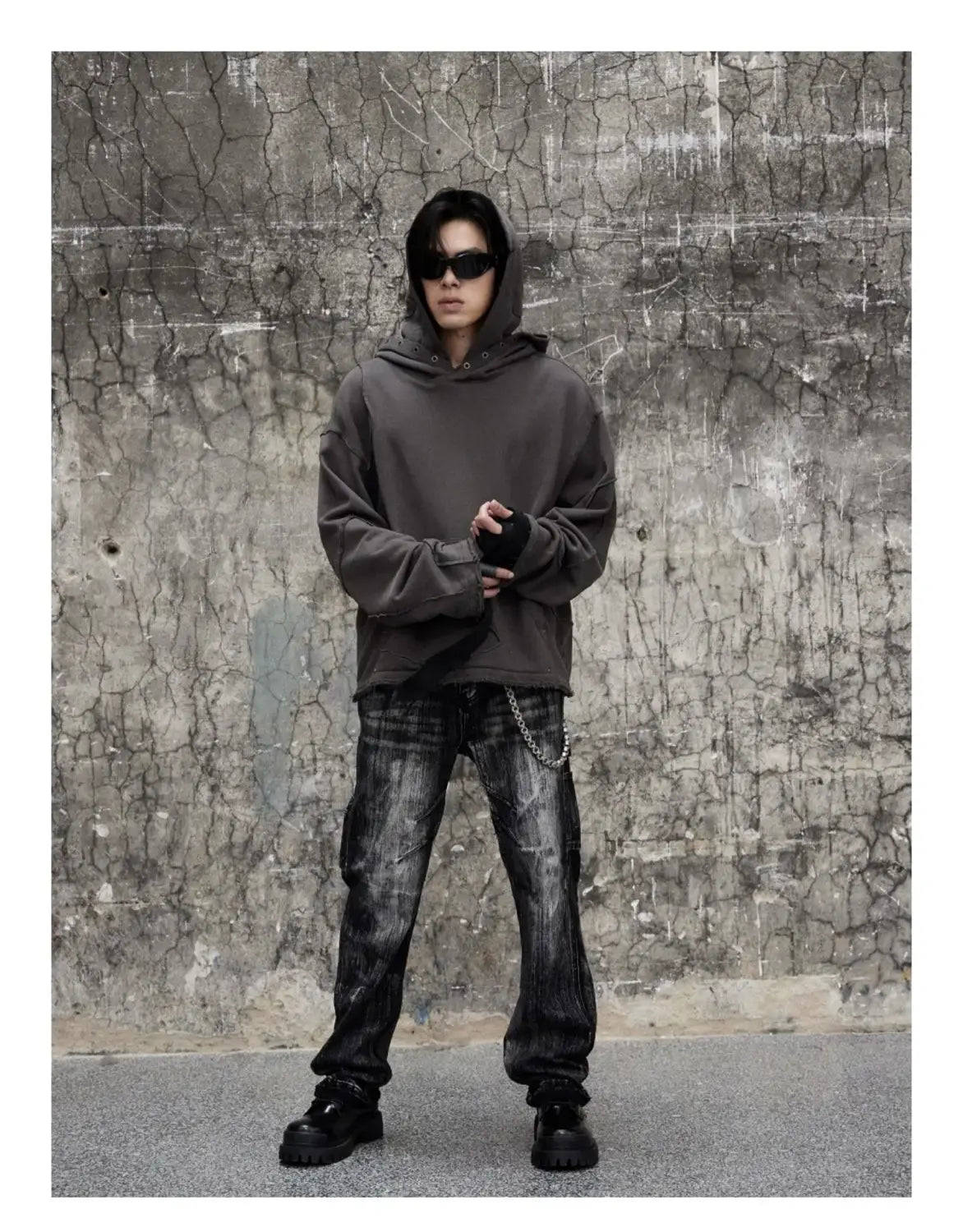 Men Hoodies Jacket Washed Double Hat Deconstructed Loose Hooded Sweatshirt Coat Profile