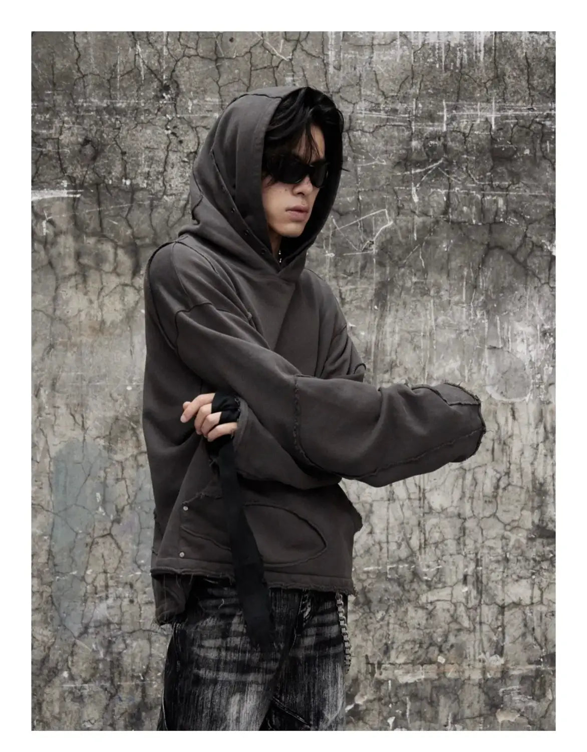 Men Hoodies Jacket Washed Double Hat Deconstructed Loose Hooded Sweatshirt Coat Profile