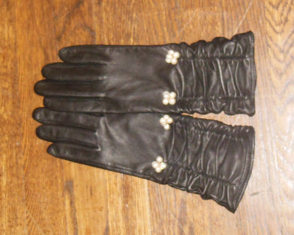 Handmade Scrunchie  Leather Gloves with Genuine Pearl Adornment.-3