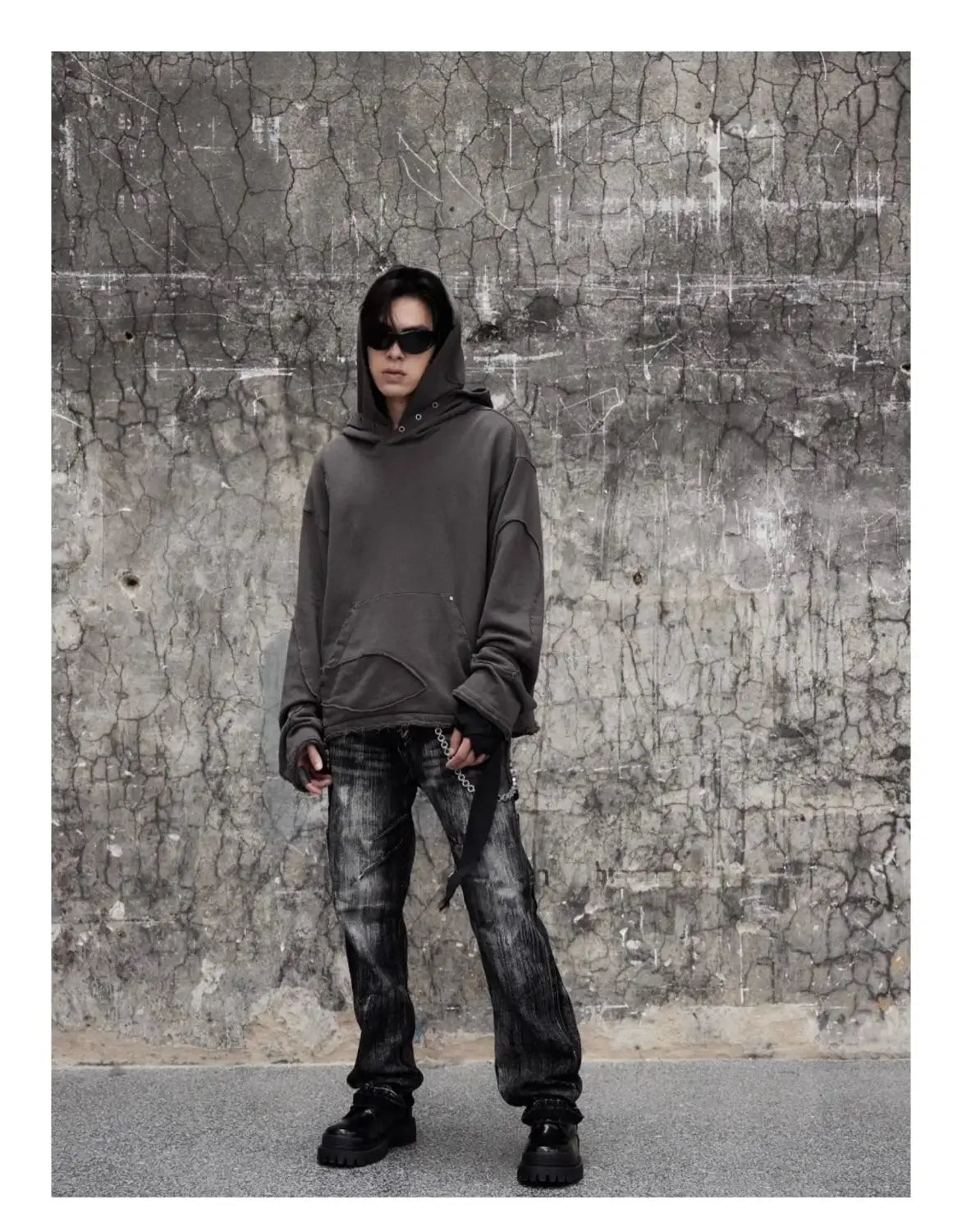 Men Hoodies Jacket Washed Double Hat Deconstructed Loose Hooded Sweatshirt Coat Profile