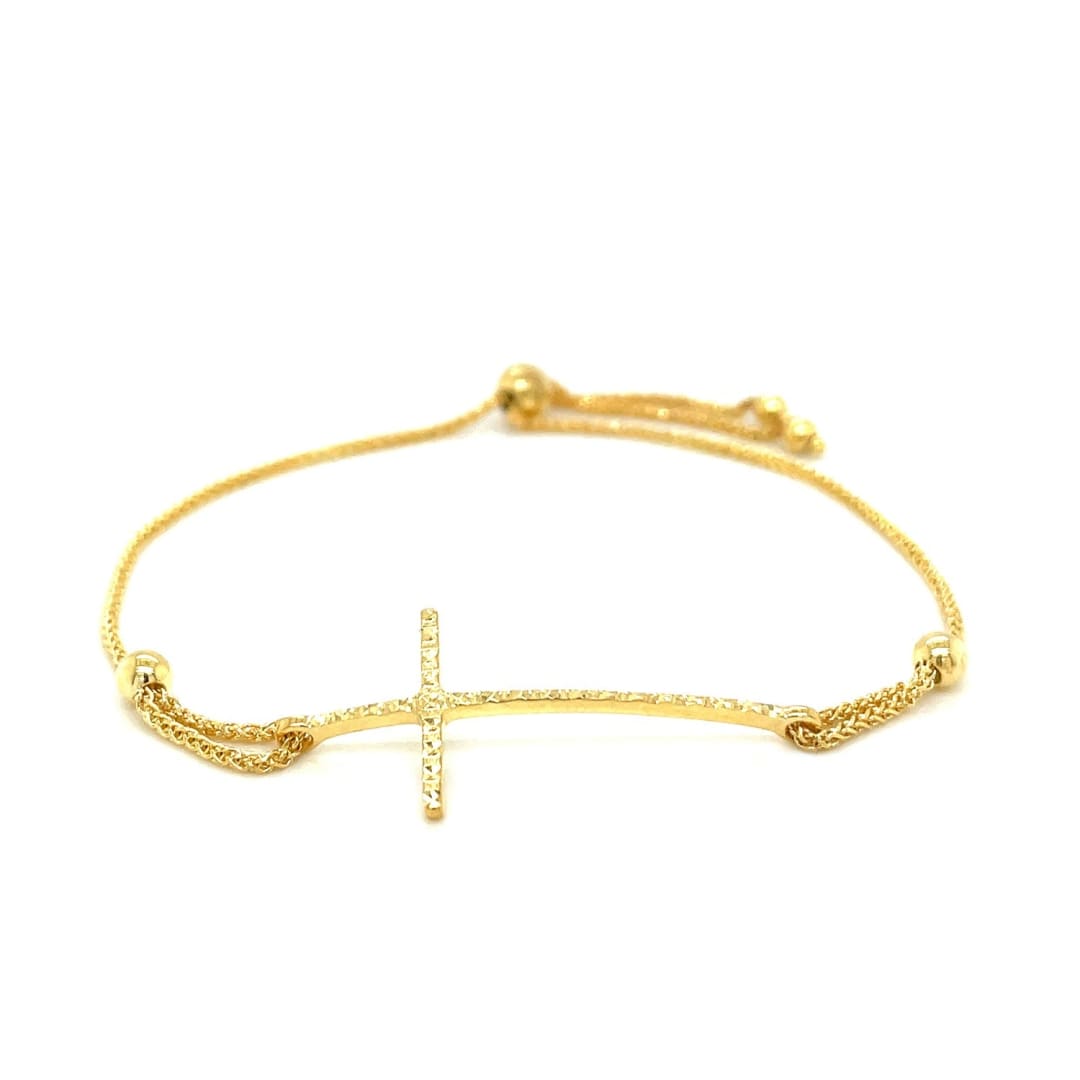 Adjustable Bracelet with Textured Cross in 14k Yellow Gold | Richard Cannon Jewelry