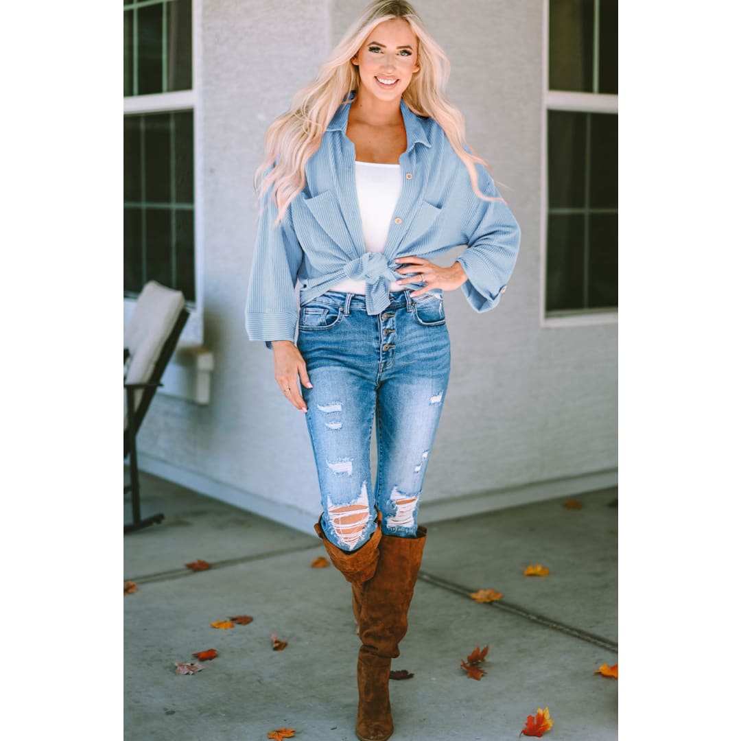 Amanda Roll Tab Sleeve Ribbed Cording Shacket | Threaded Pear