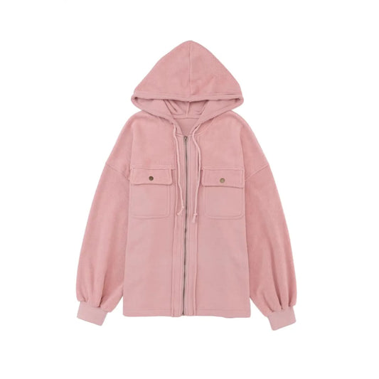 Apricot Flap Pocket Drawstring Hood Zip Up Jacket | Fashionfitz