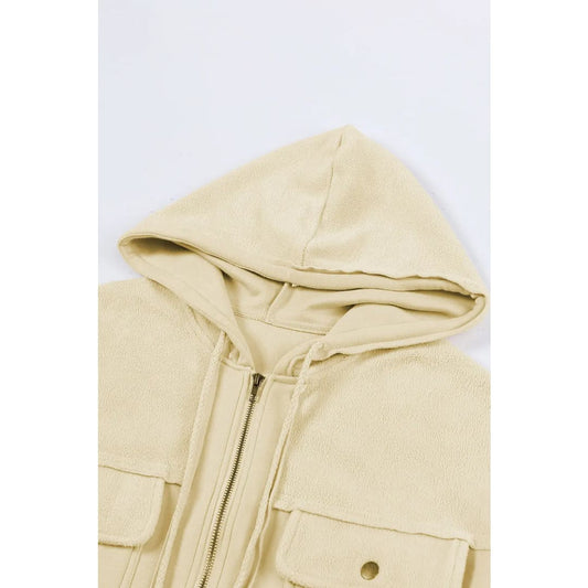 Apricot Flap Pocket Drawstring Hood Zip Up Jacket | Fashionfitz