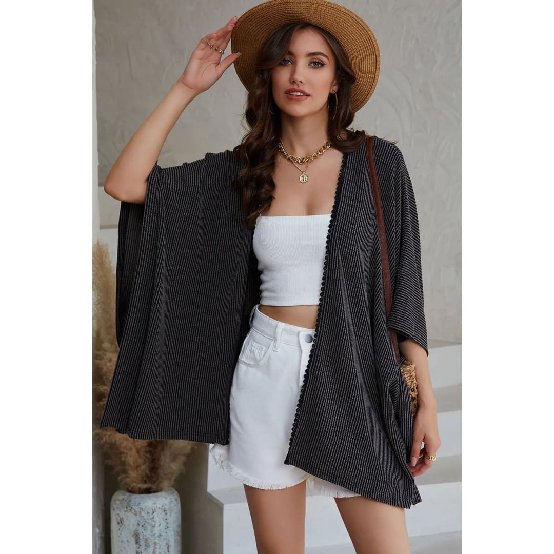 Apricot Lace Trim Ribbed Oversize Kimono | Fashionfitz