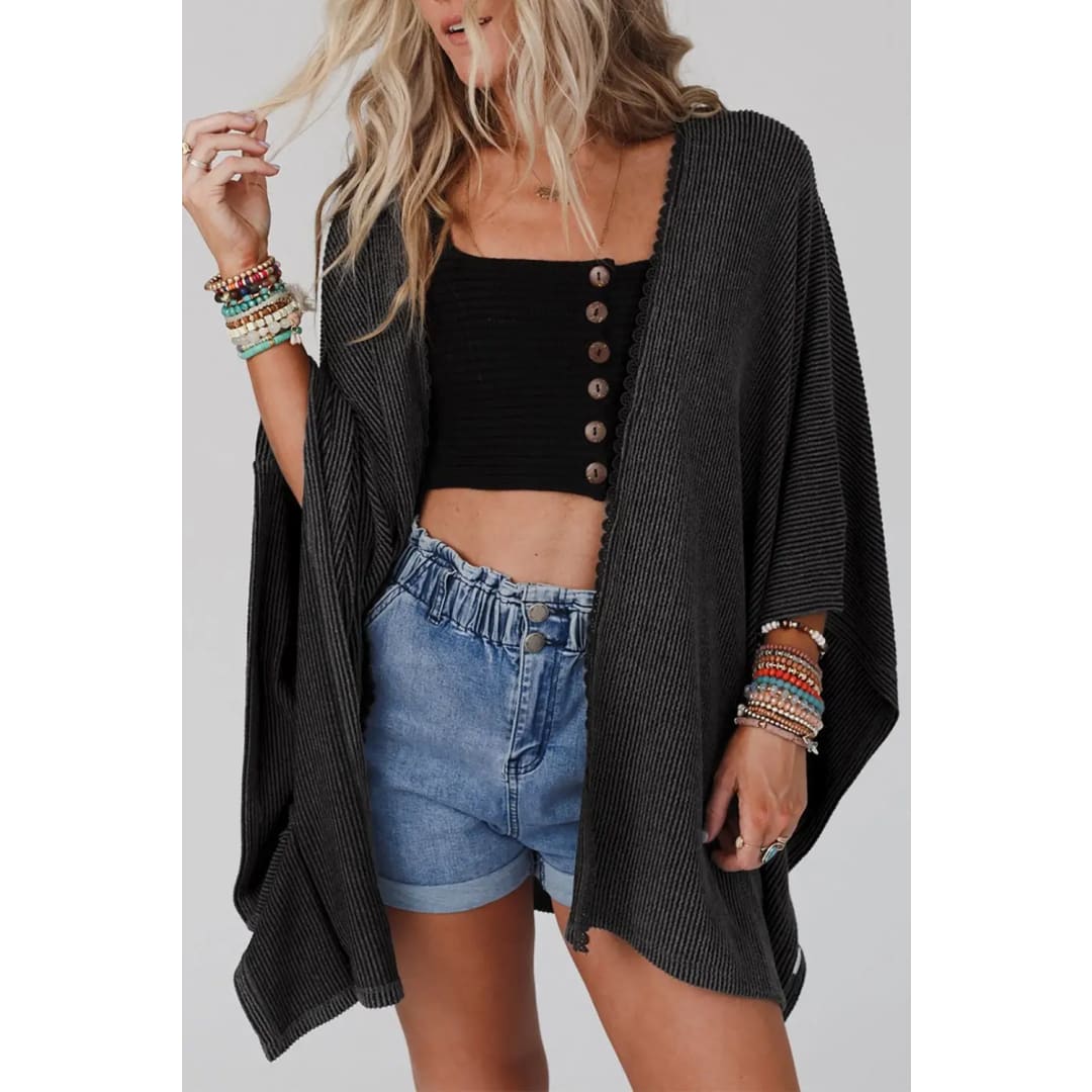 Apricot Lace Trim Ribbed Oversize Kimono | Fashionfitz