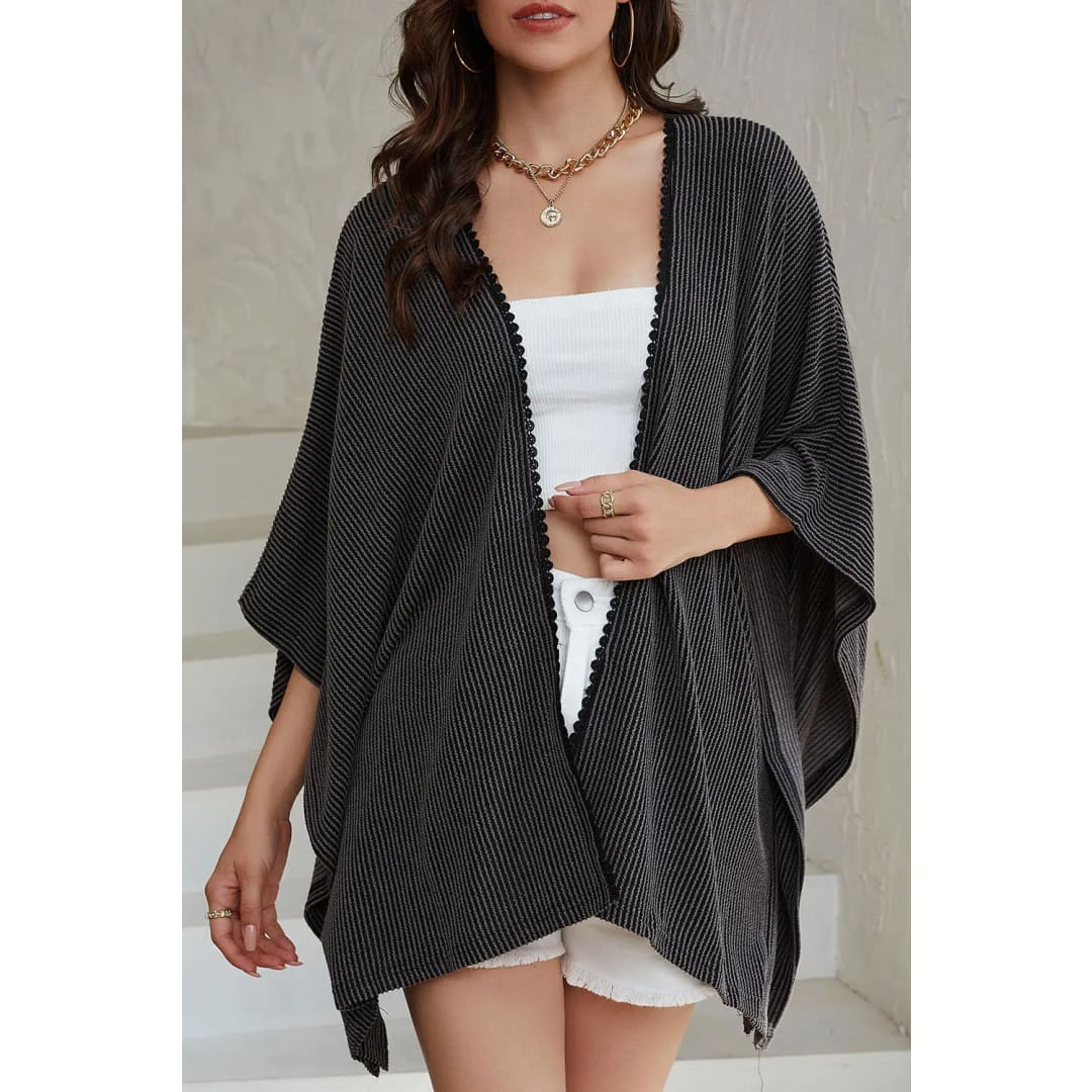 Apricot Lace Trim Ribbed Oversize Kimono | Fashionfitz