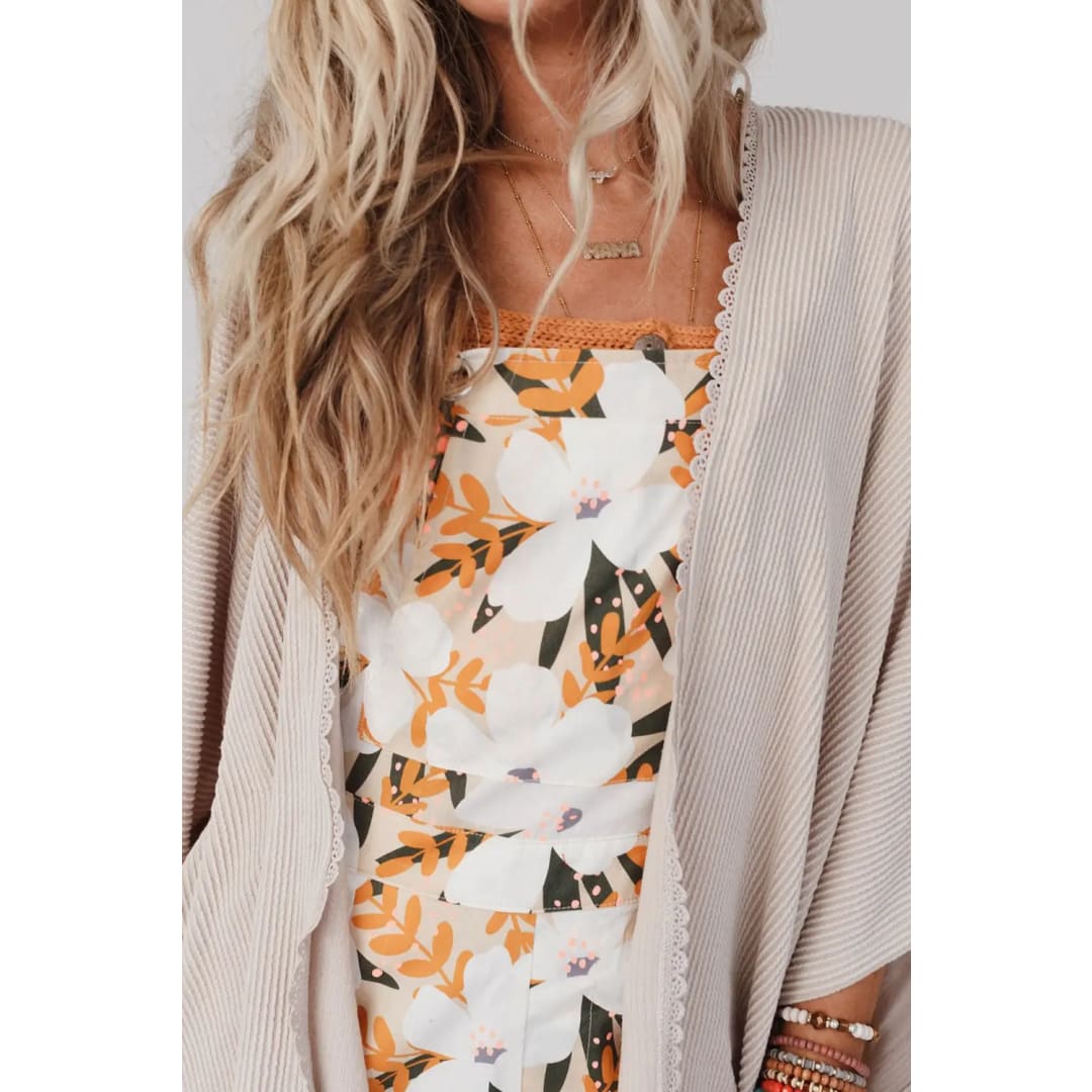 Apricot Lace Trim Ribbed Oversize Kimono | Fashionfitz