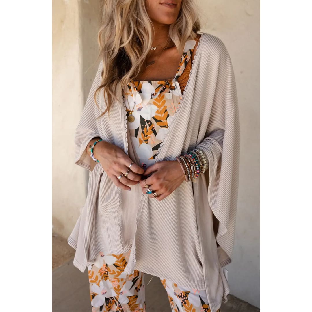 Apricot Lace Trim Ribbed Oversize Kimono | Fashionfitz