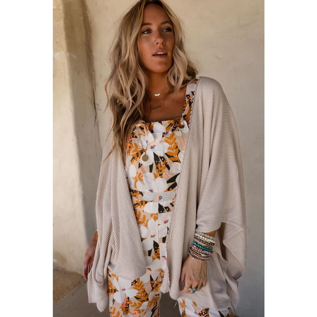 Apricot Lace Trim Ribbed Oversize Kimono | Fashionfitz