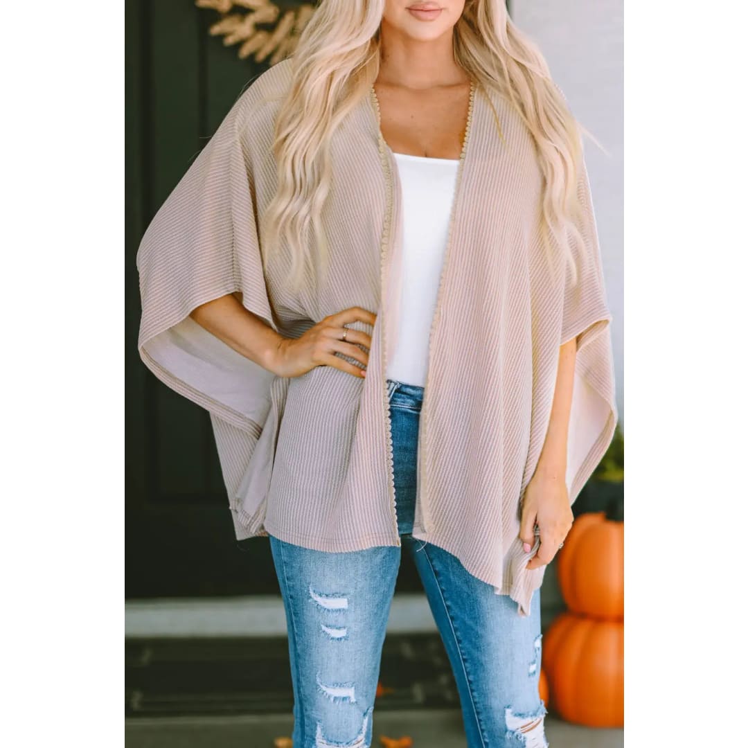 Apricot Lace Trim Ribbed Oversize Kimono | Fashionfitz