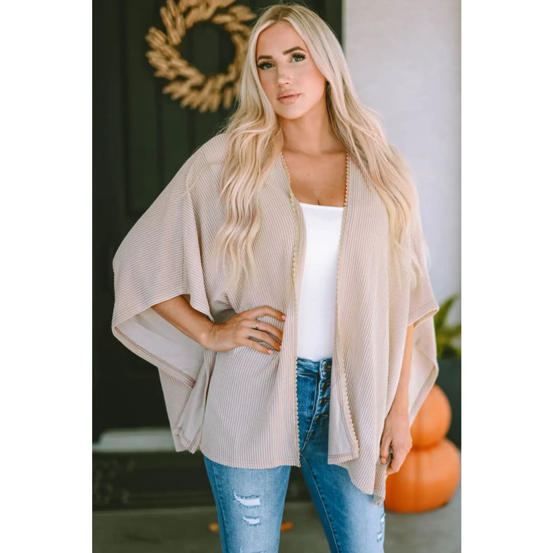 Apricot Lace Trim Ribbed Oversize Kimono | Fashionfitz