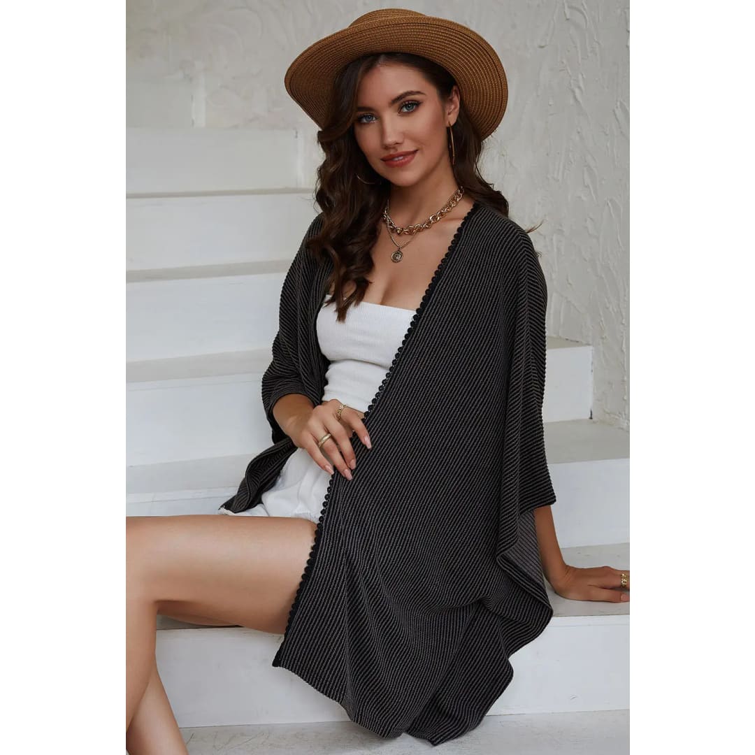 Apricot Lace Trim Ribbed Oversize Kimono | Fashionfitz