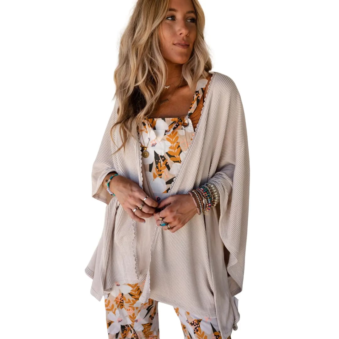 Apricot Lace Trim Ribbed Oversize Kimono | Fashionfitz