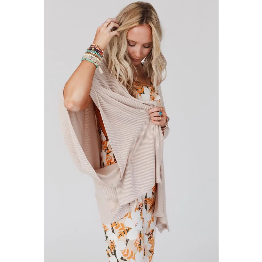 Apricot Lace Trim Ribbed Oversize Kimono | Fashionfitz