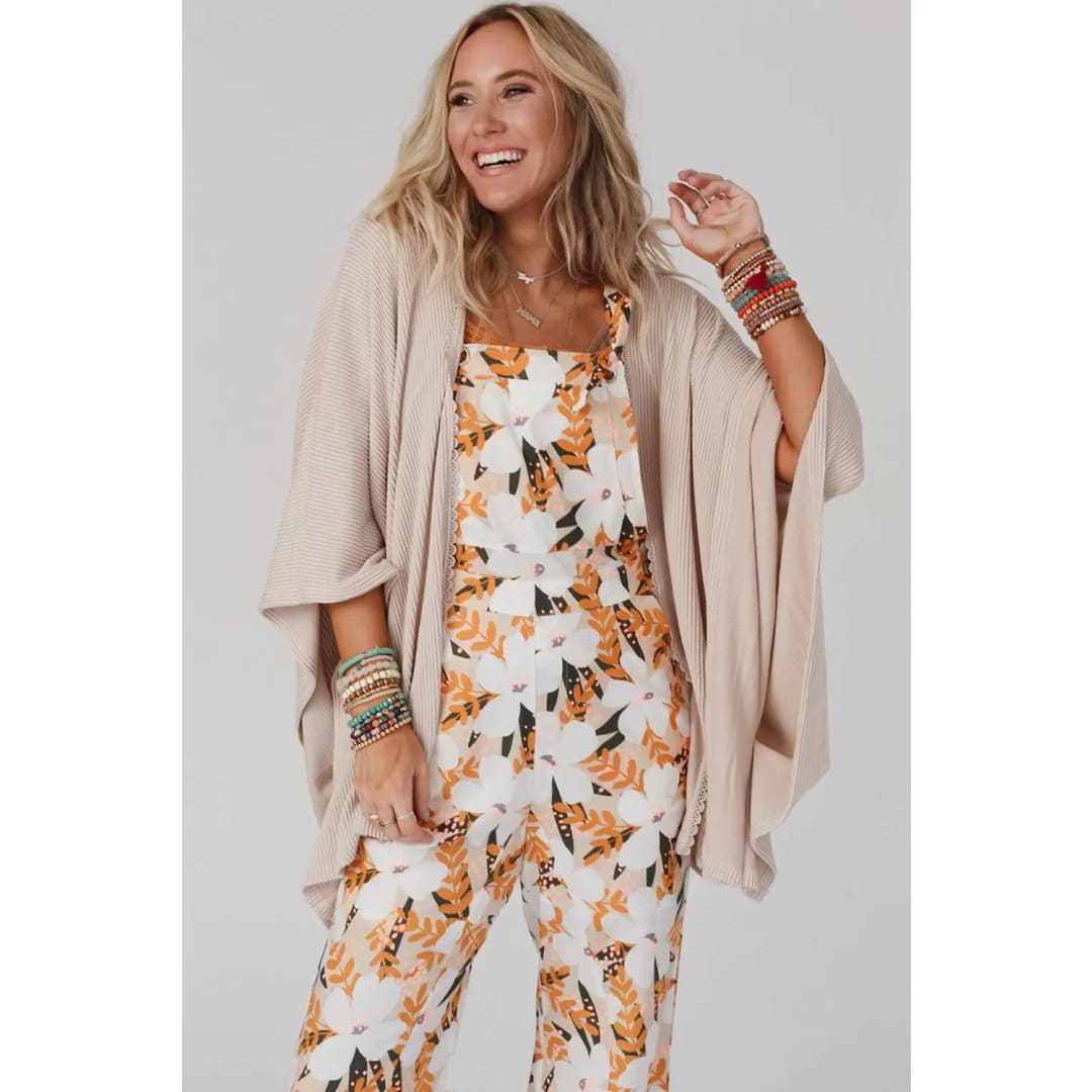 Apricot Lace Trim Ribbed Oversize Kimono | Fashionfitz